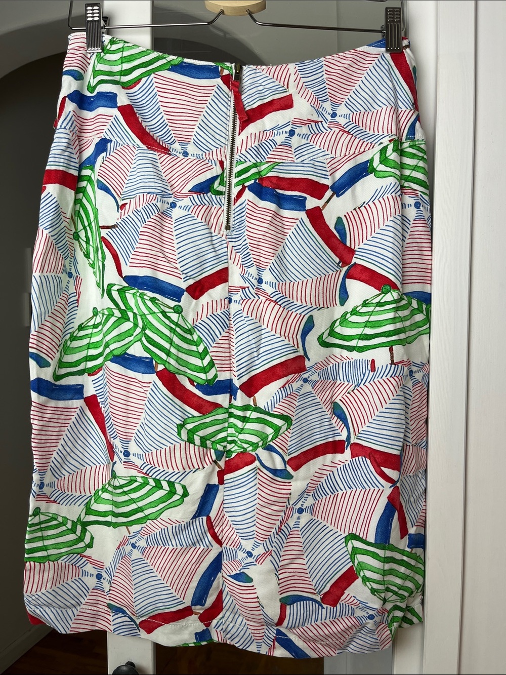 Anthropologie Green, Red, Blue & White Striped Umbrella Print Pencil Skirt - Picture 4 of 5